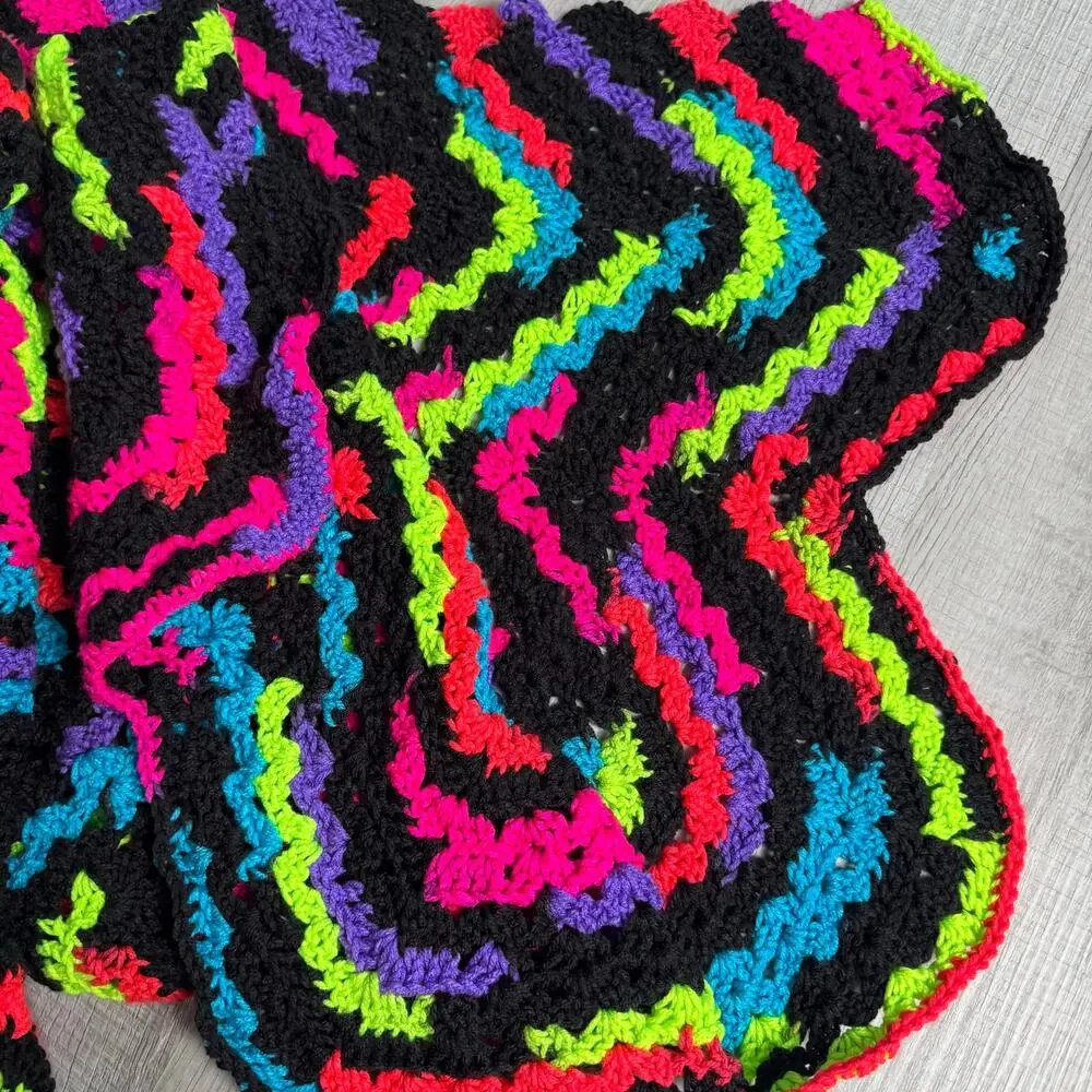 Handmade Crochet Afghan Throw Blanket Neon Chevron Black Retro 40x57 Funky‎